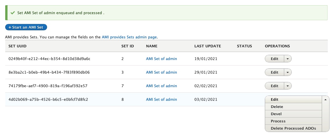 AMI Sets Admin Process Operations Menu