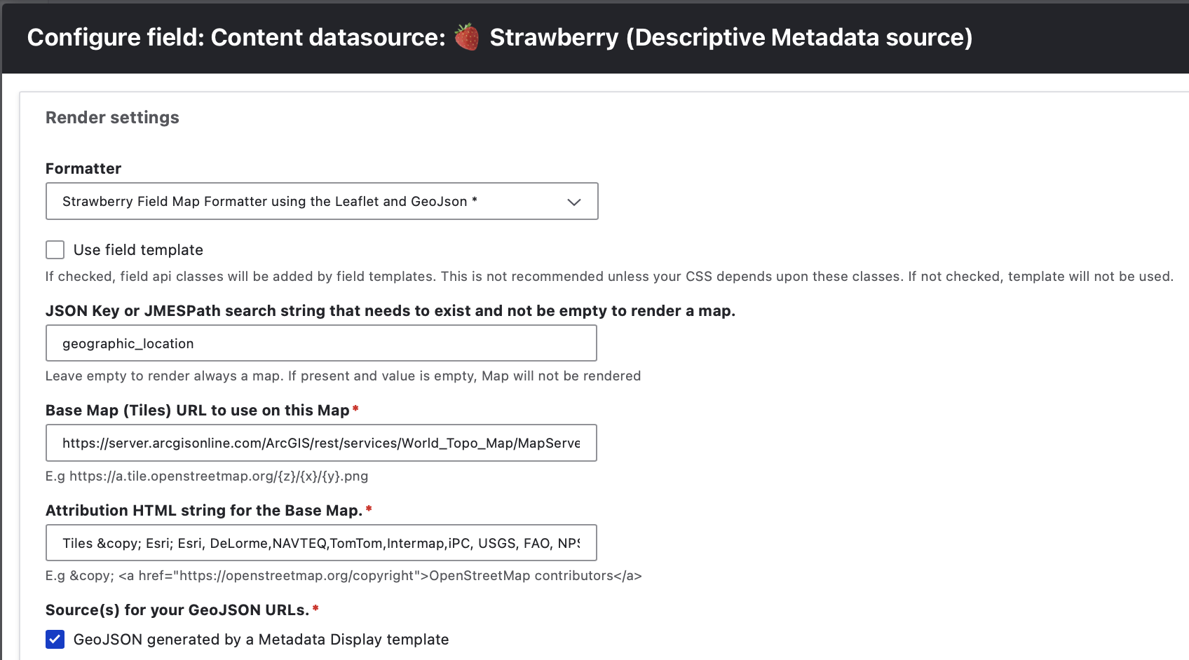 Configuration Form Example for Geographic Location Solr Formatter